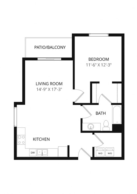 Floor plan for 1 bed, 1 bath, 768 sqft